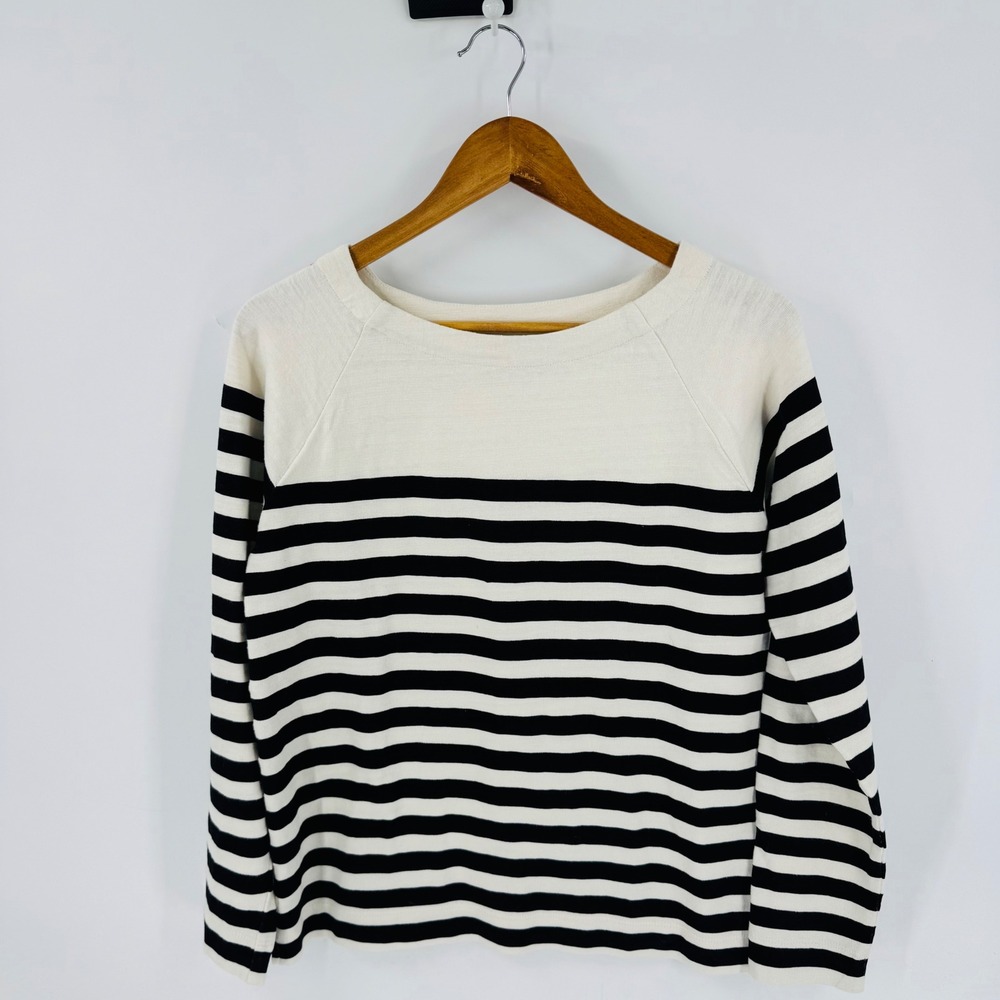 LOFT Striped Cotton Shirt‎ Cream Black Size S Coastal Nautical Preppy Euro